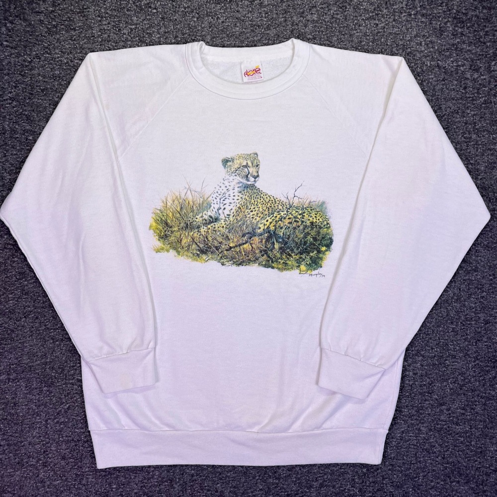 Alore Sweatshirt Mens Large White Vintage 94 Cheetah Graphic Nature Made in USA